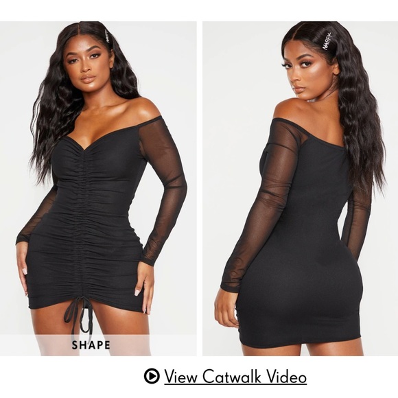 Black Mesh Ruched Bardot Bodycon Dress NWT - Picture 1 of 6